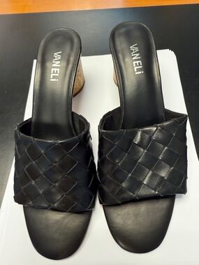 VANELi Black Woven Leather Slide Mules with Cork Block Heel